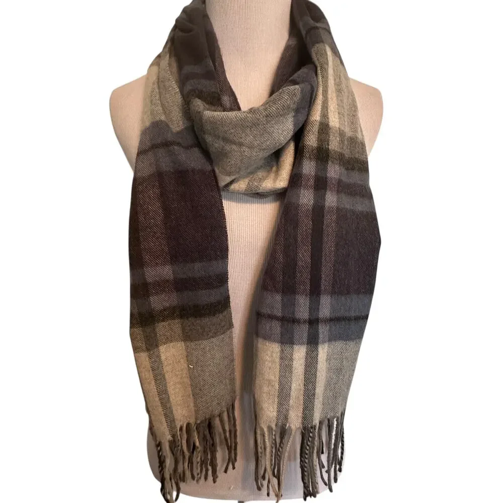 V. Frass Cashmink Gray Plaid Scarf Fringed Warm Cozy Preppy Classic Heritage